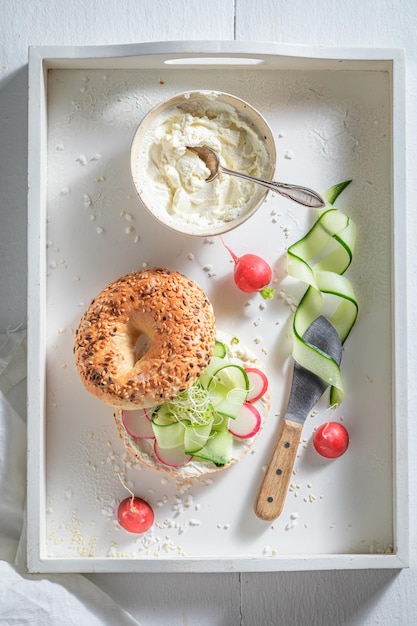 Tasty and spring golden bagel for spring and fresh breakfast