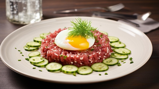 Photo tasty steak tartare raw beef classic steak tartare on white plate awesome background