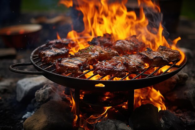 Tasty steaks on brazier with flames