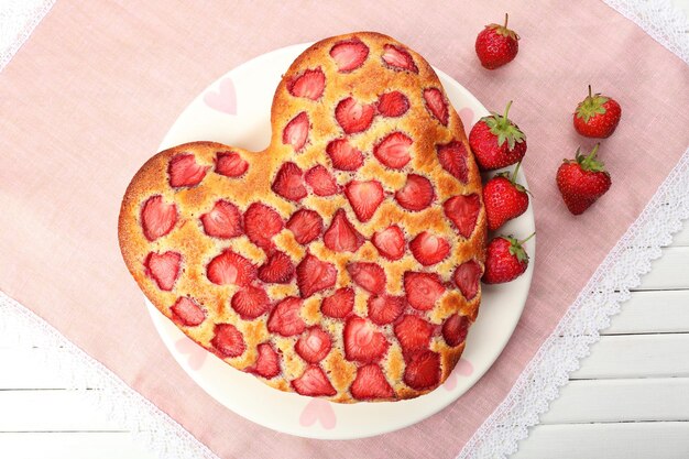 Tasty strawberry pie on table