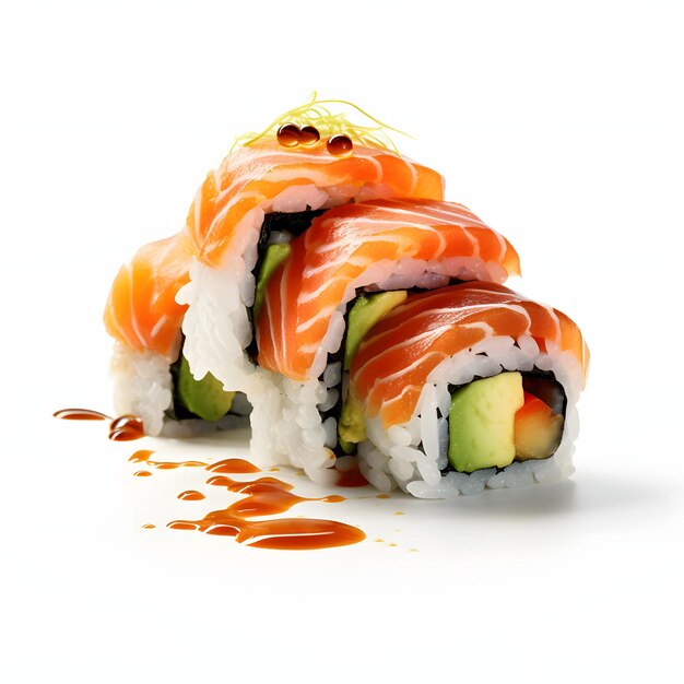 Tasty sushi rolls on white background