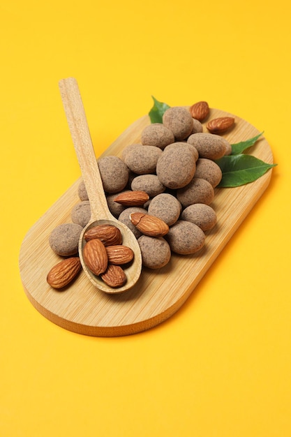 Tasty and sweet food almonds in chocolate