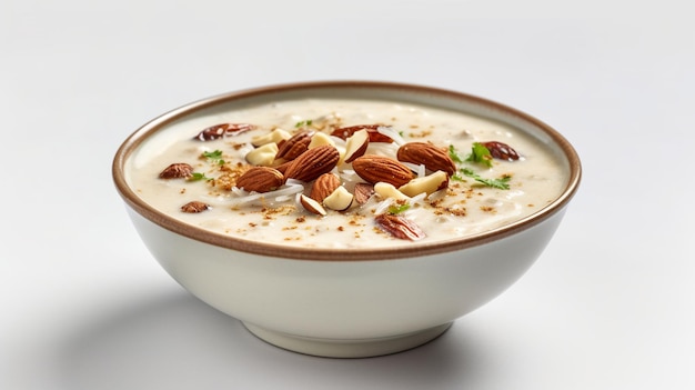Tasty sweet pudding bowl with mix nuts on white background