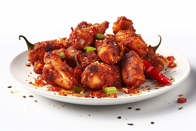 Tasty szechuan fried chicken isolated on white background