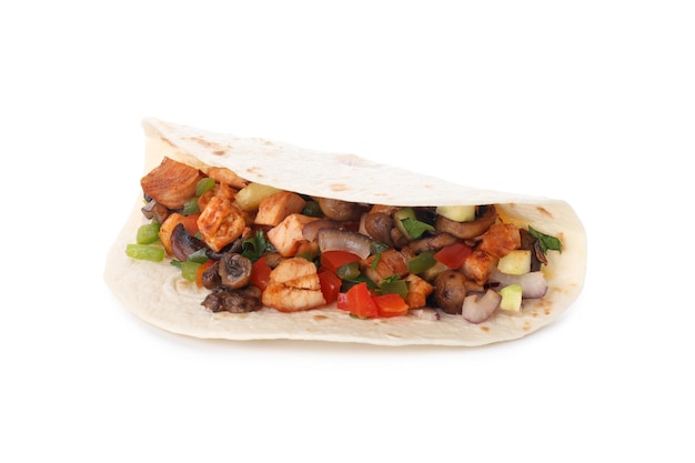 Tasty taco isolated on white background, close up