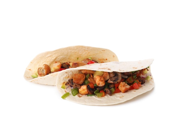 Tasty taco isolated on white background, close up