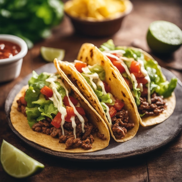 Tasty tacos filled with seasoned beef fresh salsa