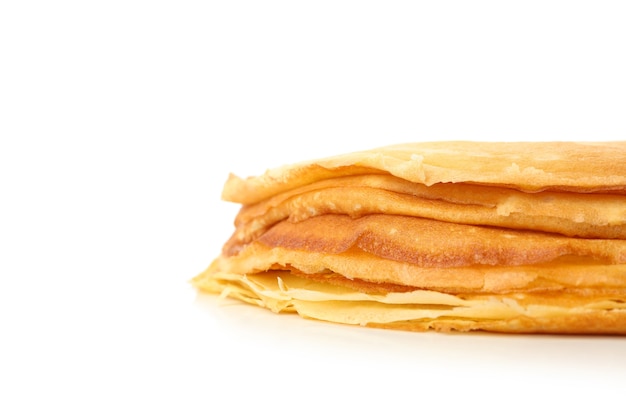 Tasty thin pancakes isolated on white background