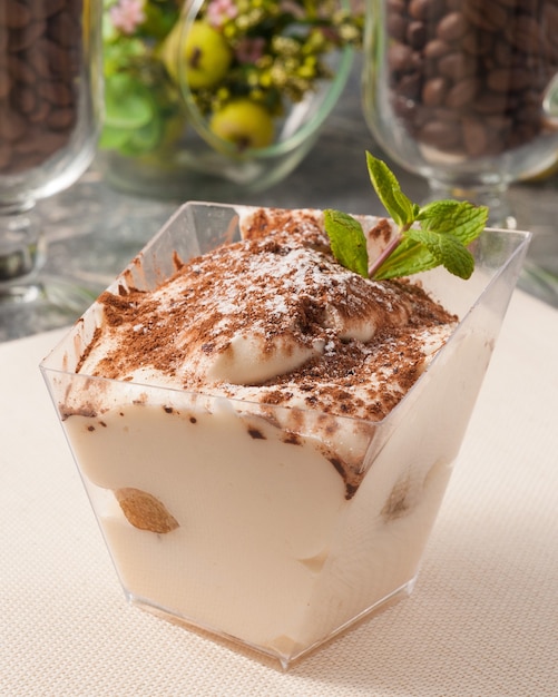 Tasty tiramisu dessert in a rectangular container decorated with mint