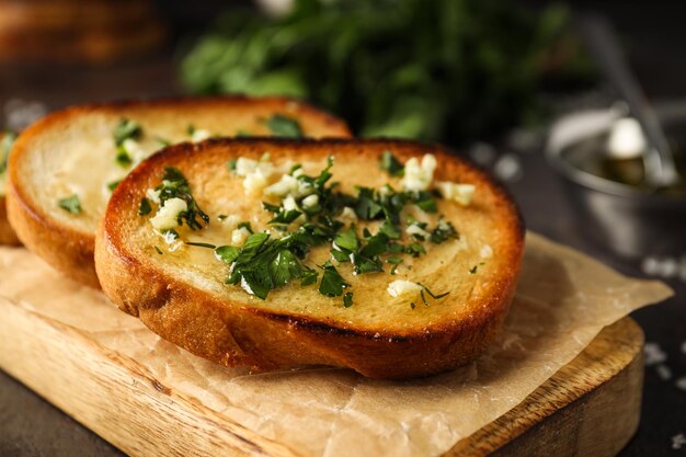 Tasty toasts with garlic homemade products appetizer