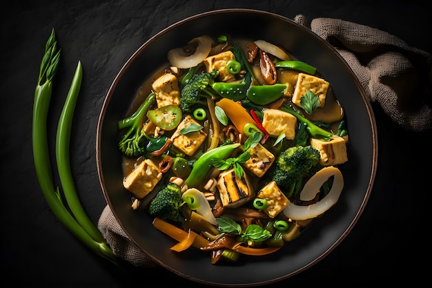 Tasty tofu stir fry with veggies, crispy tofu and fresh cilantro. Perfect vegan meal for healthy