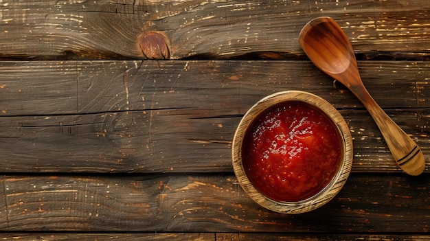 Фото tasty tomato ketchup in wooden bowl on wood background