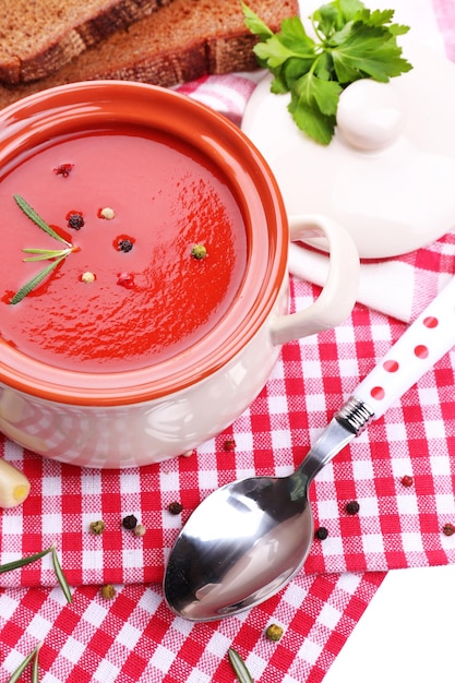 Tasty tomato soup and vegetables close up