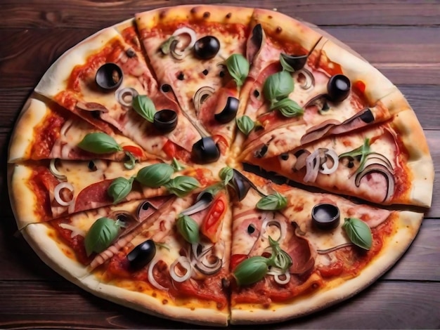 맛있는 상단 시선으로 잘라진 피자 이탈리아 전통 둥근 피자