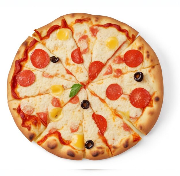 Tasty top view sliced pizza Italian traditional round pizza