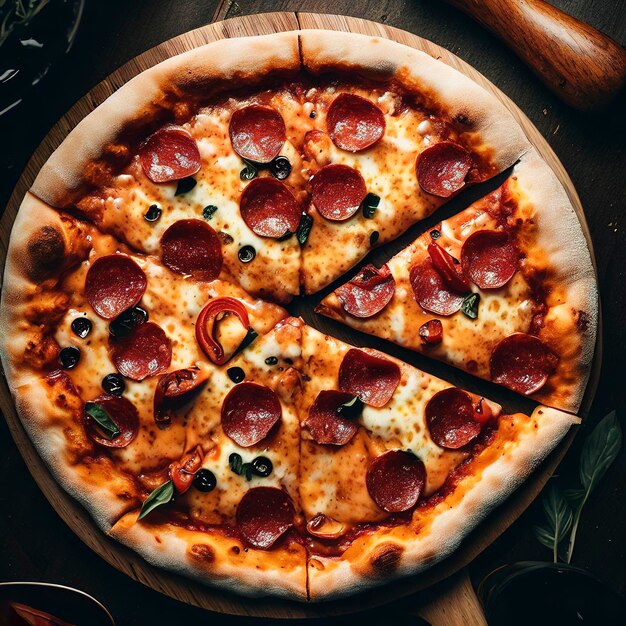 Foto gustosa pizza a fette con vista dall'alto pizza rotonda tradizionale italiana