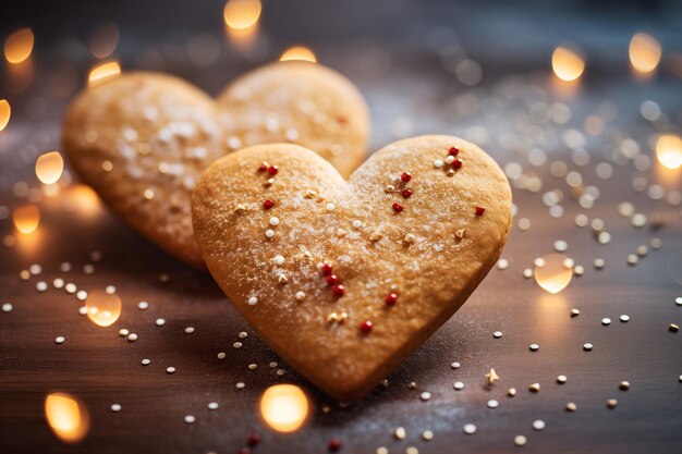 Photo tasty two heart shaped cookies by generative ai