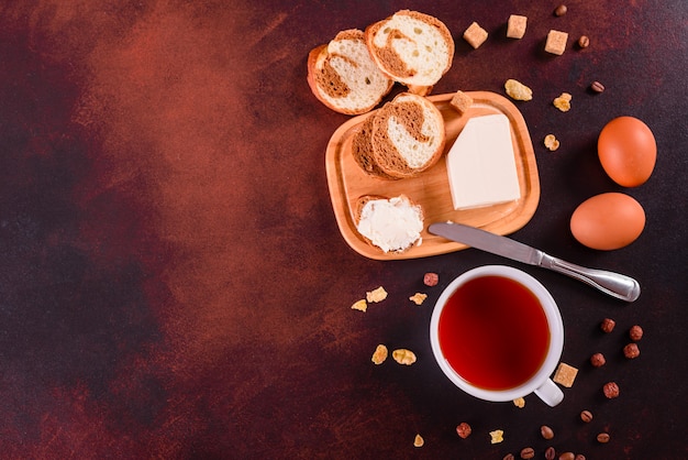 Tasty and useful breakfast with flakes, milk, nuts and dried fruits