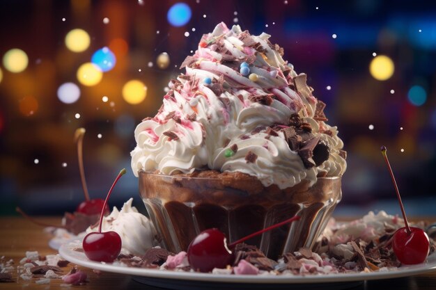 Photo tasty vanilla ice cream chocolate sundae with whipped cream