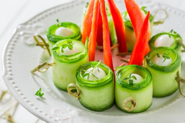 Tasty various finger food with fresh ingredients for party