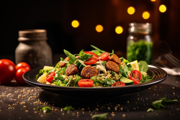 Tasty vegan vegetarian salad with chickpea falafel and leaves served on plate