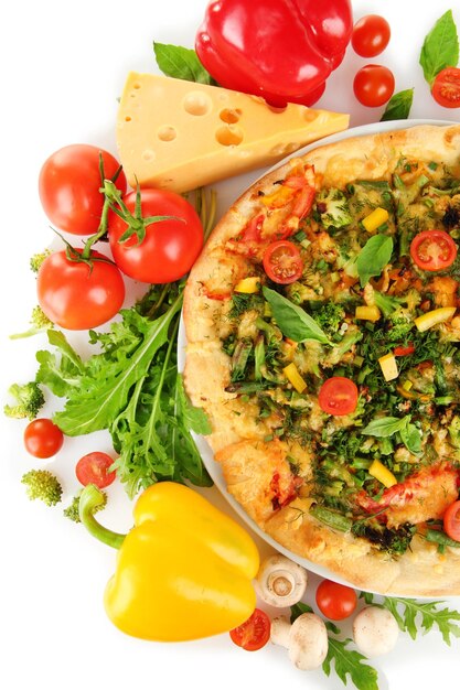 Tasty vegetarian pizza and vegetables isolated on white