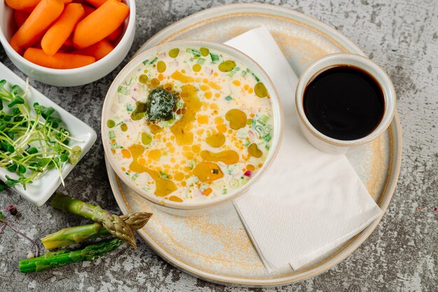 Tasty vegetarian vegetable soup Top view