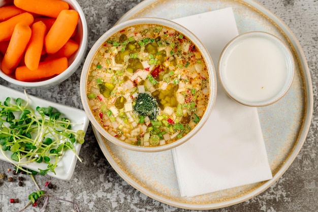 Tasty vegetarian vegetable soup Top view