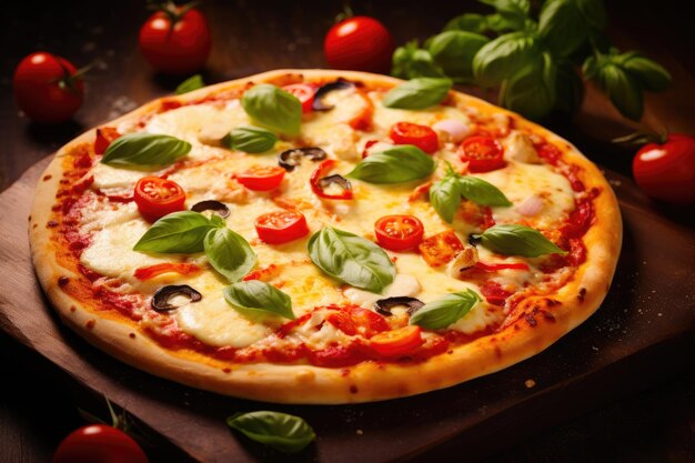 Tasty Veggie Pizza on Wooden Background