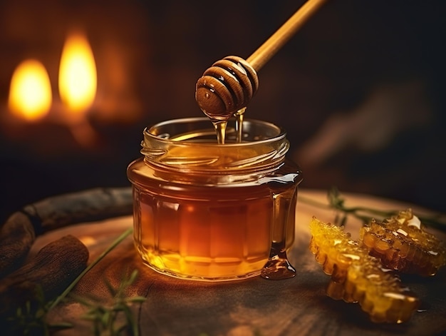 Tasty view of a fresh honey in a glass jar