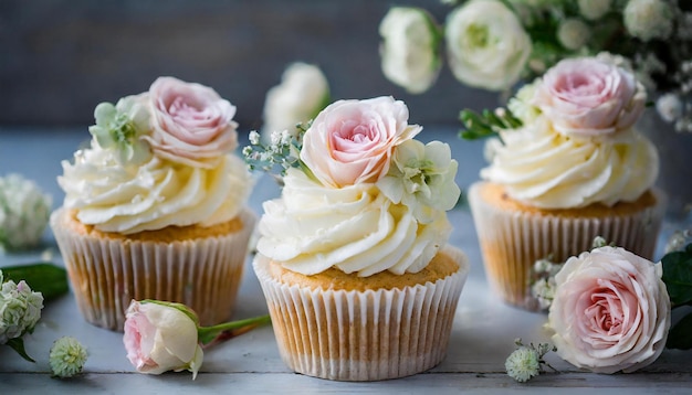 Вкусные свадебные кексы, украшенные цветами, вкусный праздничный десерт, сладкое печенье.