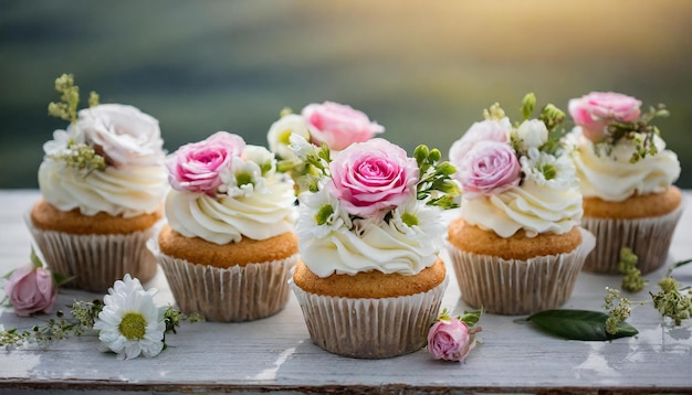 Tasty wedding cupcakes decorated with flowers Delicious festive dessert Sweet pastry