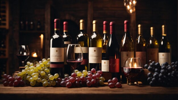 Photo tasty wine arranged on table and the shelf in wine cellar background