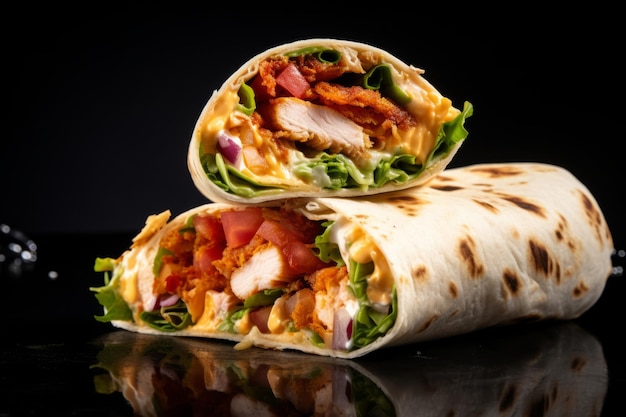 Tasty wrap with grilled chicken meat sauce and fresh parsley Grilled tortilla wrap Generative AI illustration