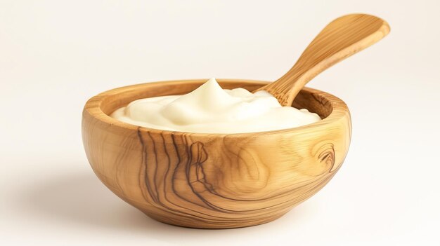 Tasty yoghurt in a wooden bowl isolated on a white background