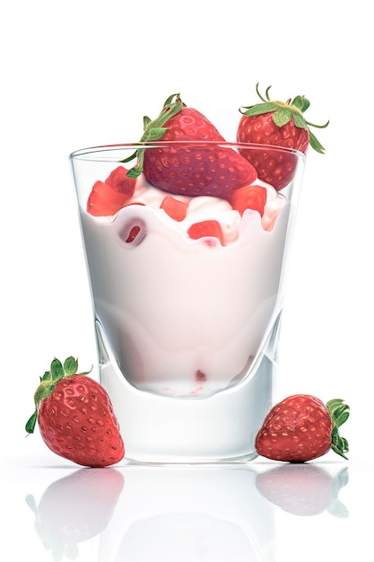 Tasty yogurt in glass and strawberries isolated on white generated by AI