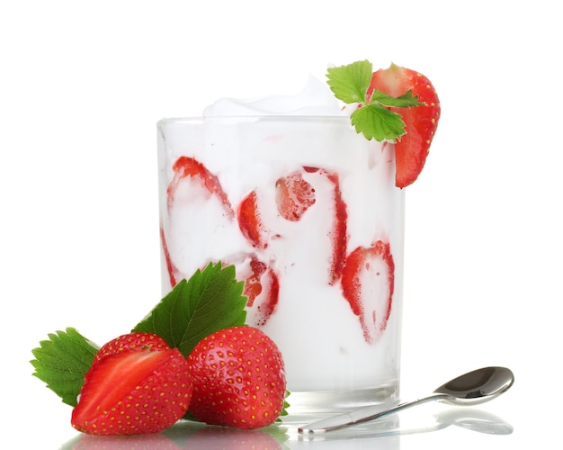 Tasty yogurt in glass and strawberries isolated on white