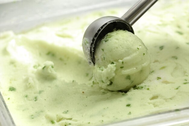 Tasty yogurt ice cream in scoop closeup