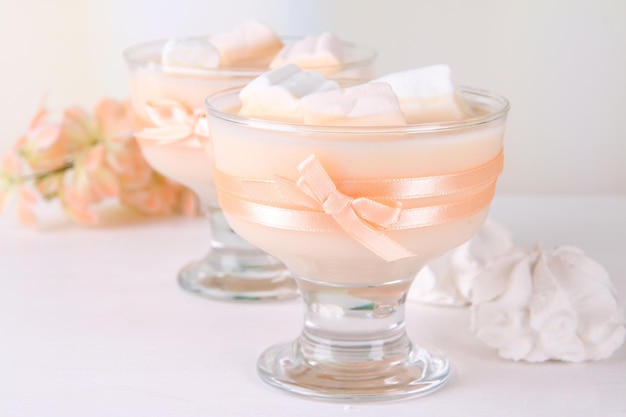 Tasty yogurt with marshmallows close up