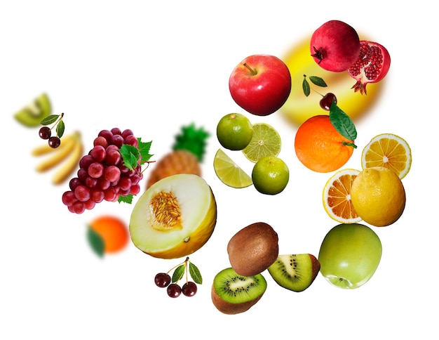 Photo tastyjuicy fresh apple kiwi grapes banan melon limon levitate on a white background healthy diet fresh fruits and vegetables