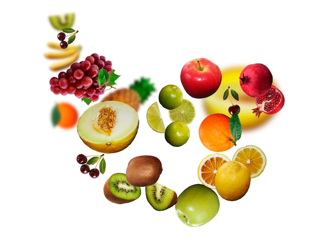 TastyJuicy fresh apple kiwi grapes banan melon limon levitate on a white background healthy diet Fresh fruits and vegetables