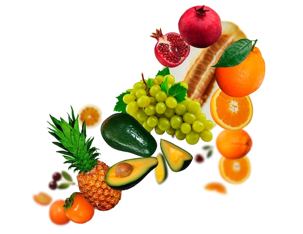 TastyJuicy fresh grapes orange avokado pomegranate ananas persimmon levitate on a white background healthy diet Fresh fruits and vegetables