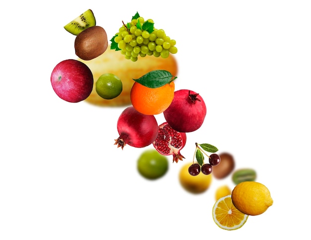 TastyJuicy verse appel kiwi druiven granaatappel limoen sinaasappel citroen zweven op een witte achtergrond gezonde voeding Verse groenten en fruit