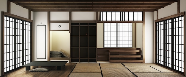 tatami mats and paper sliding doors called Shoji in Japanese room style. 3D rendering