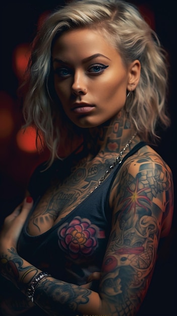 Tatoeage op de huid van een vrouw Tattoe op de lichaamskleur van een vrouw Tattoo als een aparte kunstvorm Uniek ontwerp Authentieke contouren Dappere uitstraling Zelfverzekerd karakter Make-up gratis artistieke tekening