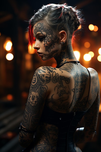Tatoeage op de huid van een vrouw Tattoe op de lichaamskleur van een vrouw Tattoo als een aparte kunstvorm Uniek ontwerp Authentieke contouren Dappere uitstraling Zelfverzekerd karakter Make-up gratis artistieke tekening