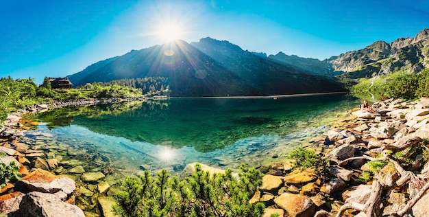 Tatra national park in poland famous mountains lake morskie oko or sea eye lake in high tatras five lakes valley banner panorama