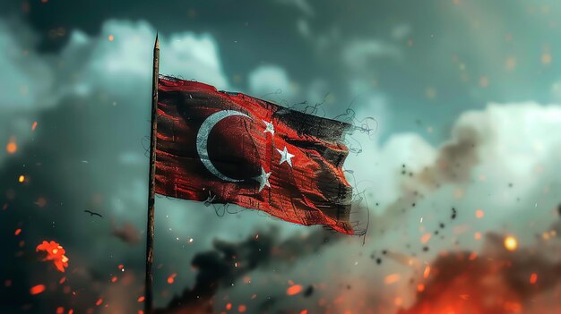 A tattered Turkish flag flies in the midst of a war zone