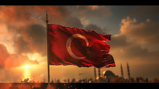 A tattered Turkish flag hangs from a flagpole against a backdrop of a fiery orange sky The flag is in tatters with holes and tears in the fabric