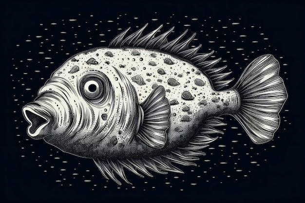 Тату-арт рыба иллюстрация эскиз рисунок дизайн на черном фоне